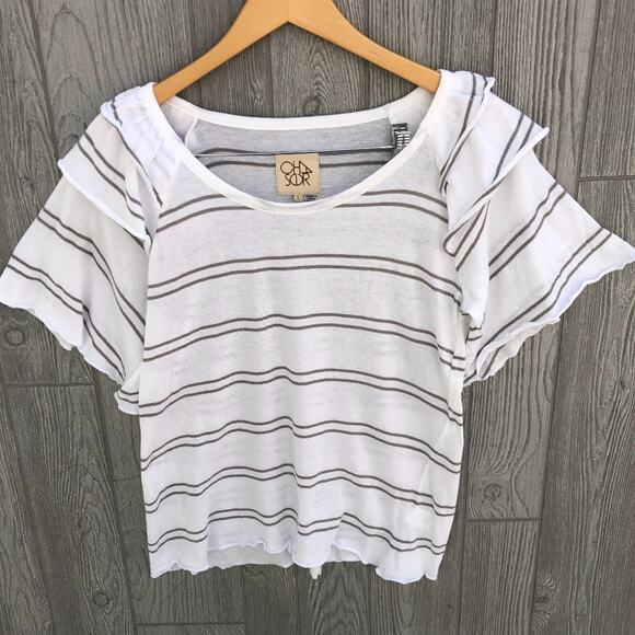 Chaser GAUZY JERSEY RUFFLE SHOULDER FLOUNCY Raglan - Picture 2 of 6